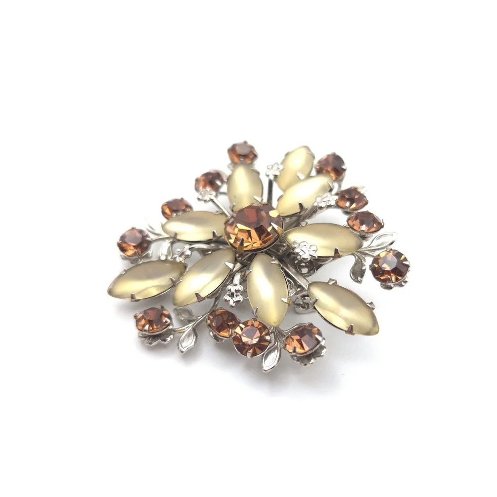 Vintage Floral Sunburst‎ Brooch Champagne Moonstone Amber Rhinestone Silver Tone